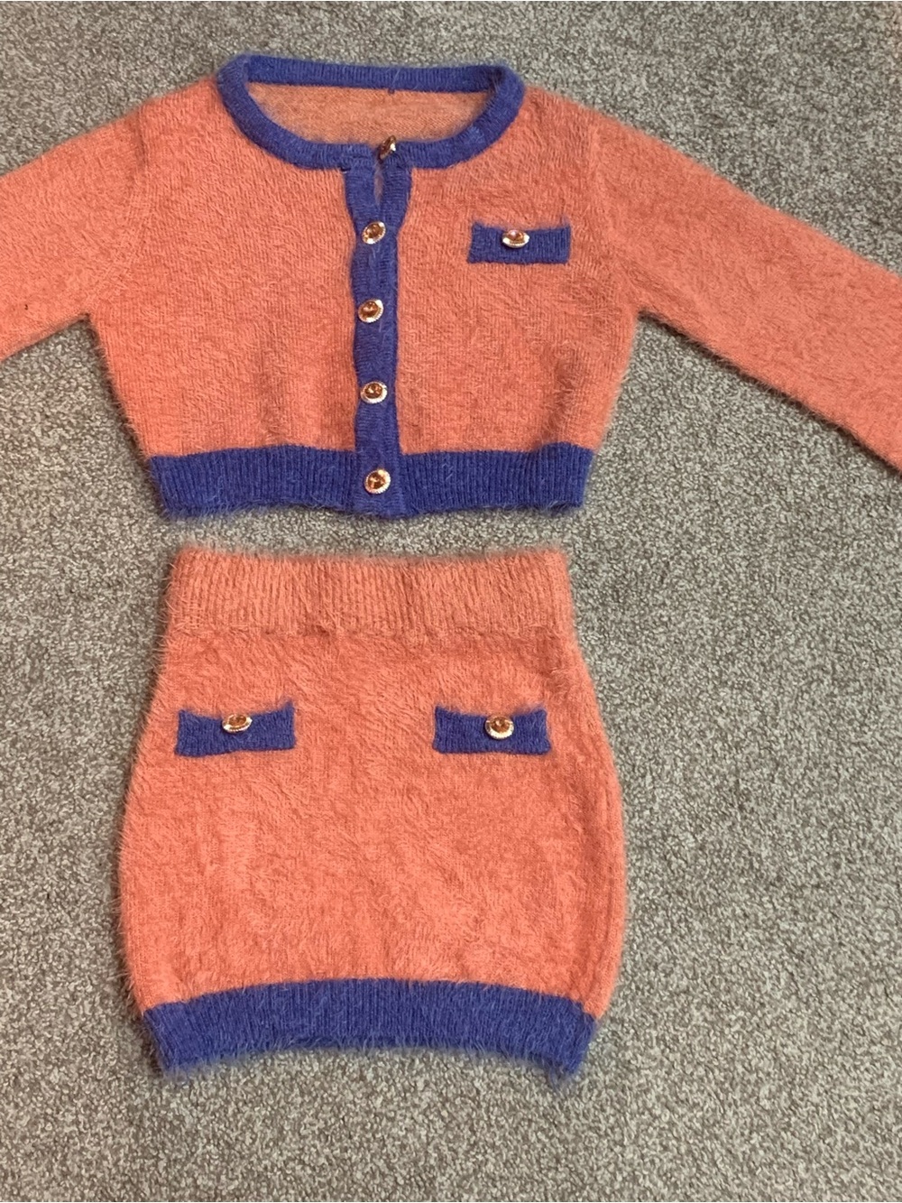 Cropped Knit Cardigan and Skirt Two-Piece in Orange with Blue Trim